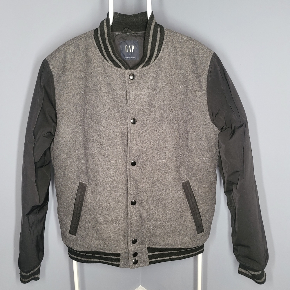 GAP Varsity Bomber Wool Jacket - Mens LARGE-Grey/Black-Winter Coat,Classic Style